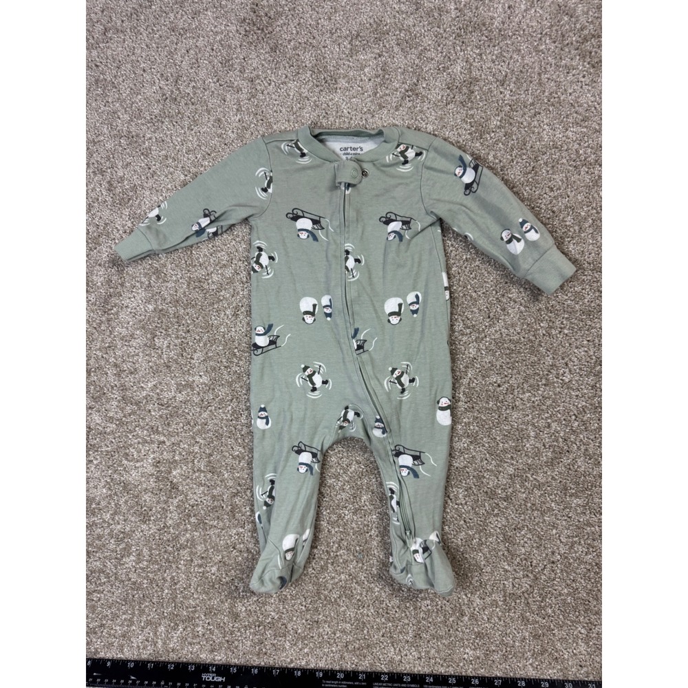 Carters Child of Mine Baby Sage Green Penguin Winter Footed Pajama 3-6 Months